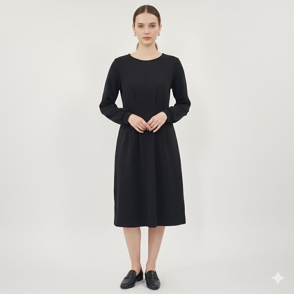Ann‎ Taylor Black Long Sleeve A Line Dress Pleated Front Size 0 Minimalist Chic